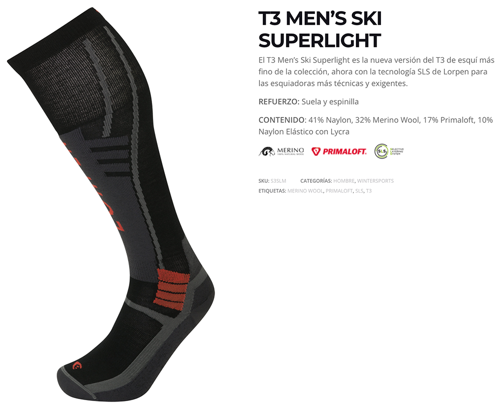 T3 Ski Super Light de Lorpen para esquiadores muy técnicos que buscan una segunda piel para un perfecto ajuste en bota
